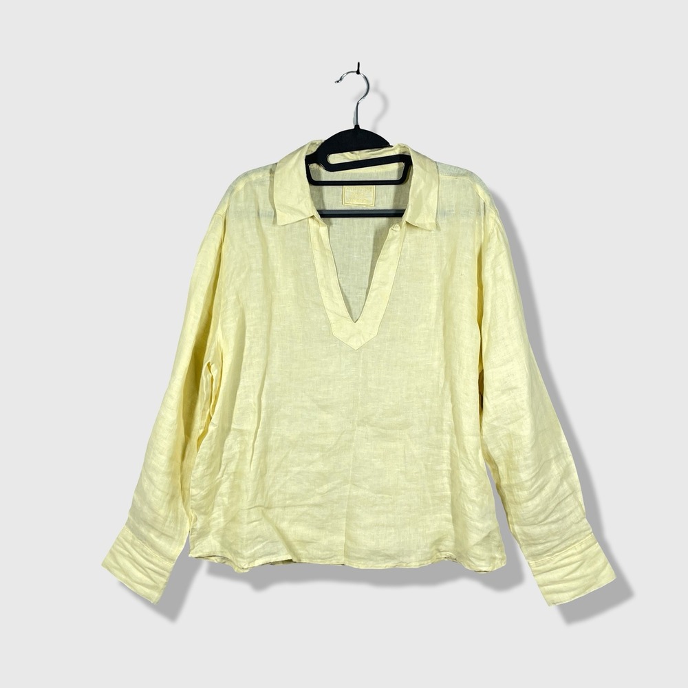Calypso St. Barth Linen Blouse Womens L Butter Yellow Coastal Boho Minimalist